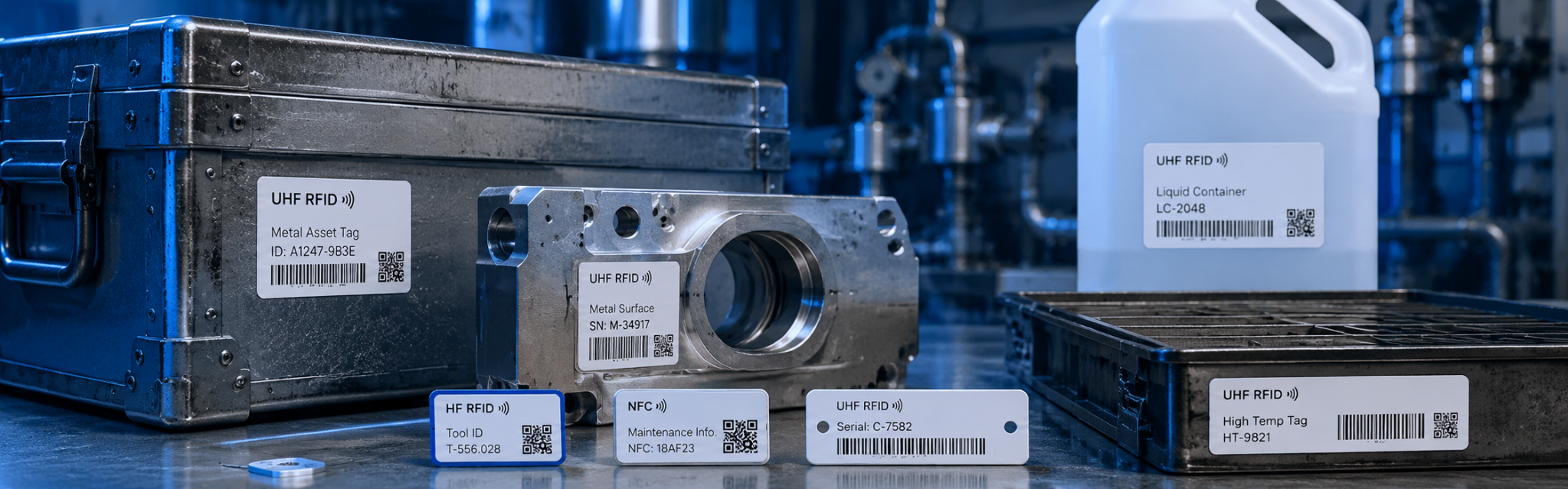 Etiquetas RFID industriales UHF, HF y NFC para metal, líquidos y alta temperatura — LCSA RFID Ecuador